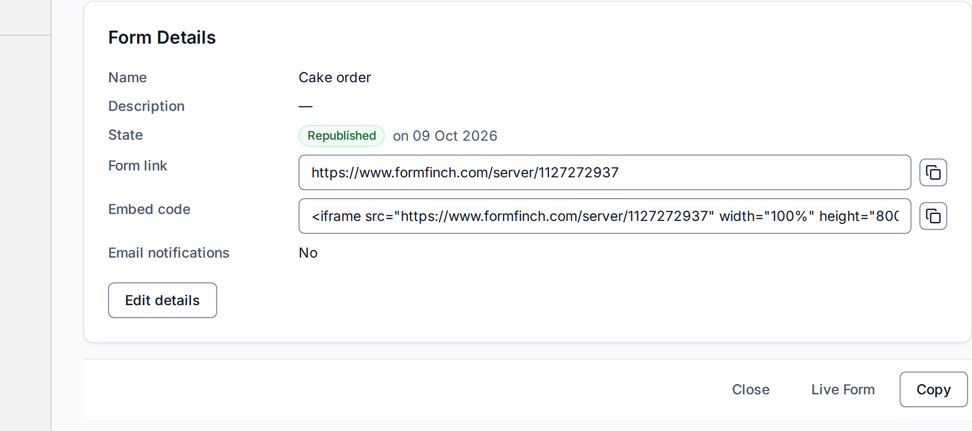 Form Details with Form link and Embed code fields and copy buttons