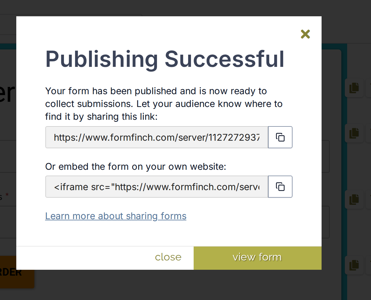Publishing Successful dialog with the share link, the iframe embed code, and copy buttons