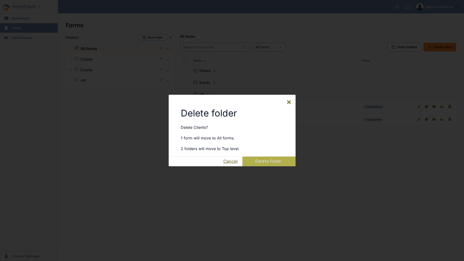 Delete folder dialog: 1 form will move to All forms, 2 folders will move to Top level