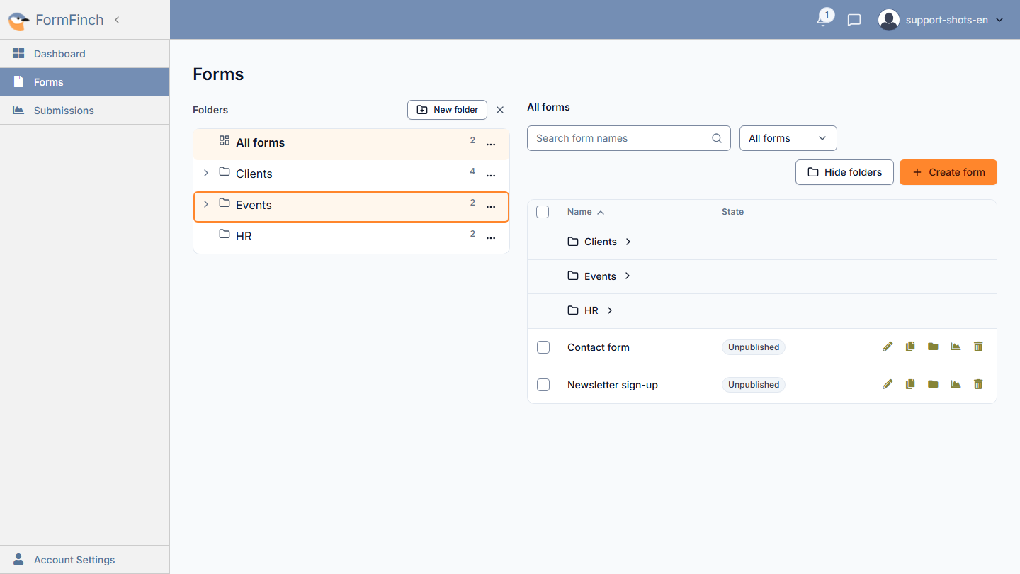 A form is dragged to the Events folder, which has an orange border