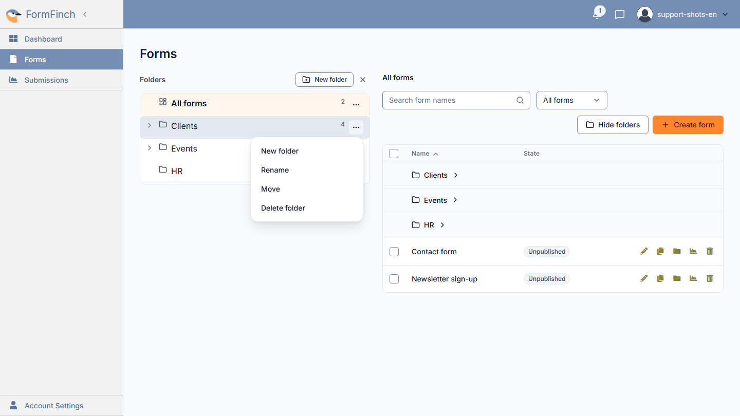 Menu of the Clients folder with New folder, Rename, Move, and Delete folder