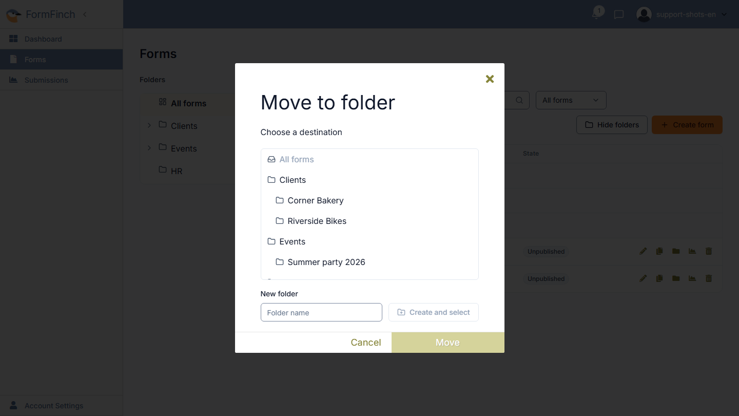 Move to folder dialog with a list of folders and a field to create a new folder