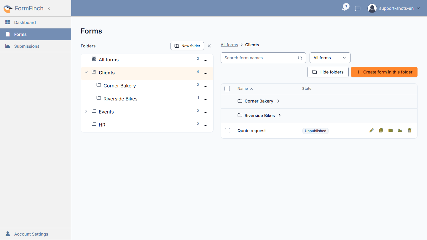 Forms overview with the folders panel on the left and the contents of the Clients folder on the right