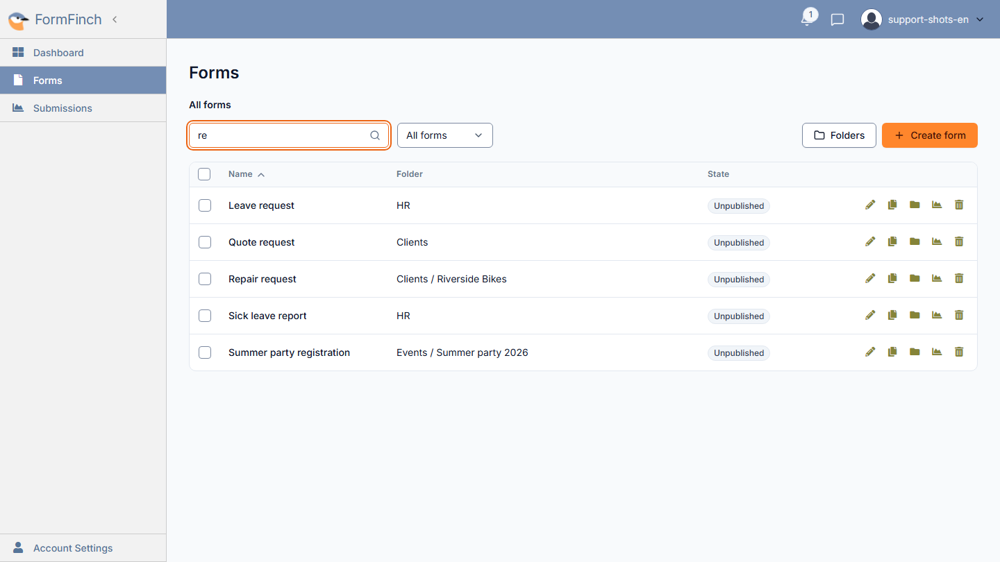 Search results with a Folder column that shows which folder each form is in