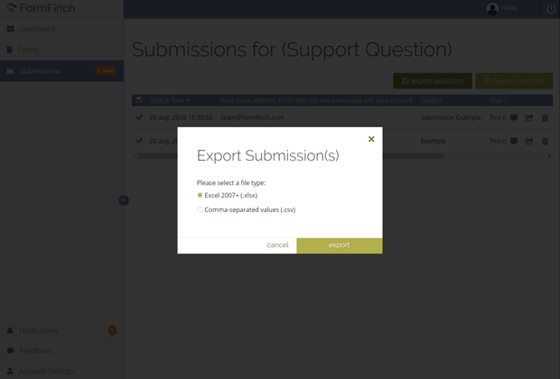 Export form submissions to Excel or csv