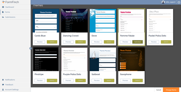 Theme selection window within the form buider app FormFinch