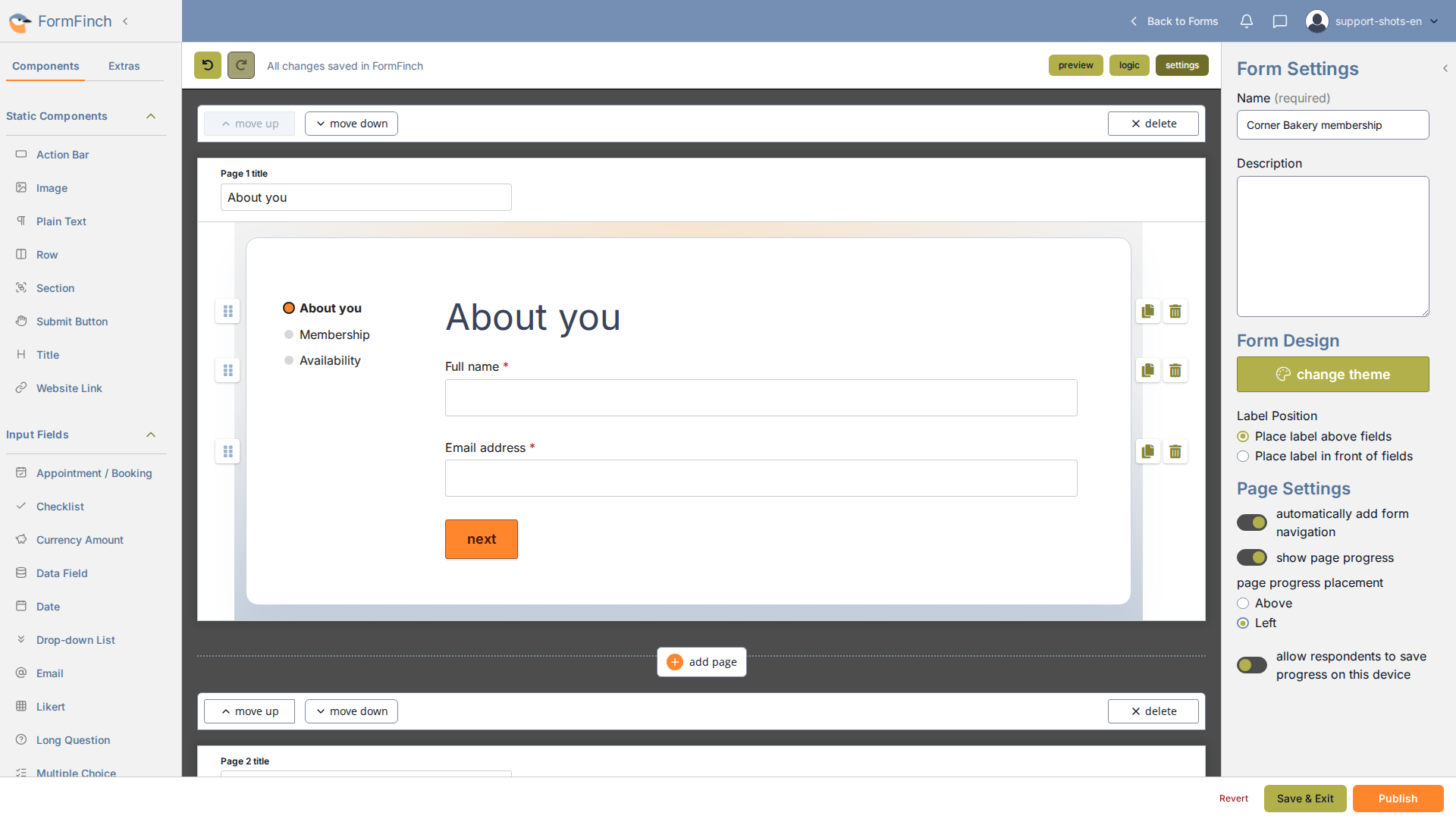 Page progress on the left of the form, with About you aligned to the title