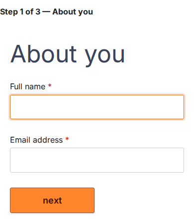 Phone-sized form showing Step 1 of 3 — About you above the first questions