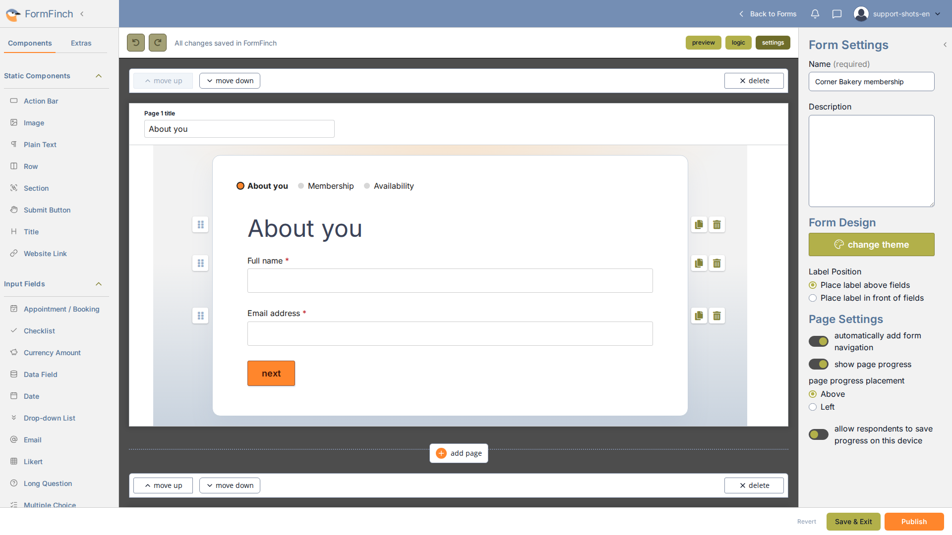 Form designer with three page titles in the progress across the top of the first page: About you, Membership, and Availability