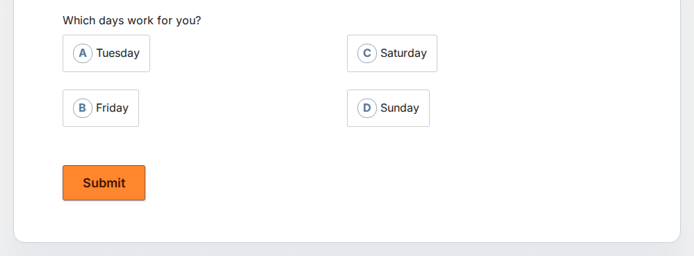 Form preview of a Multiple Choice question in the Grid layout, with four lettered buttons in two columns of two