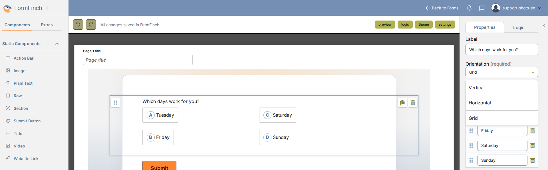 Form designer with a Multiple Choice question selected. The Orientation list in the properties panel is open and shows Vertical, Horizontal and Grid.