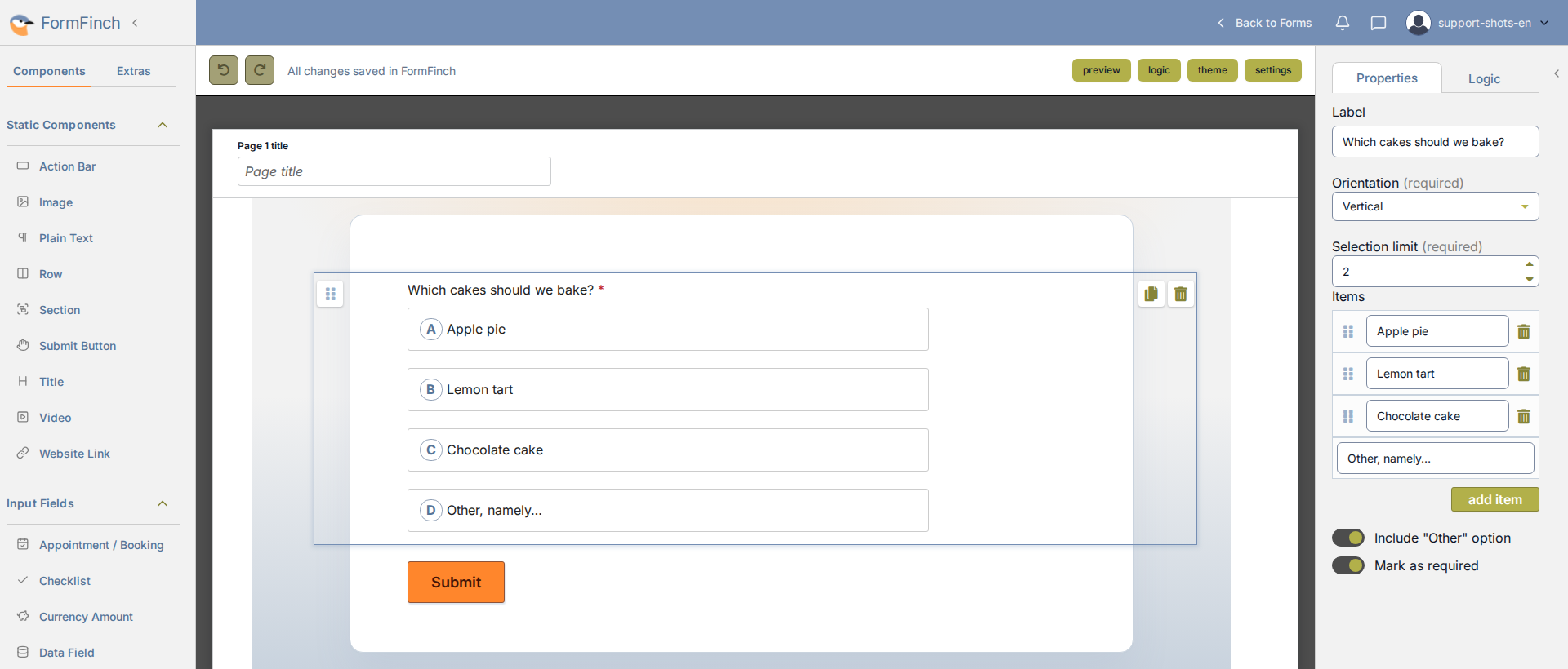 Form designer with a Multiple Choice question selected. The canvas shows the question Which cakes should we bake? with lettered buttons. The properties panel shows Label, Orientation, Selection limit, Items, Include Other option and Mark as required.