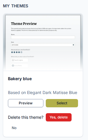 Bakery blue card asking Delete this theme? with Yes, delete and No.