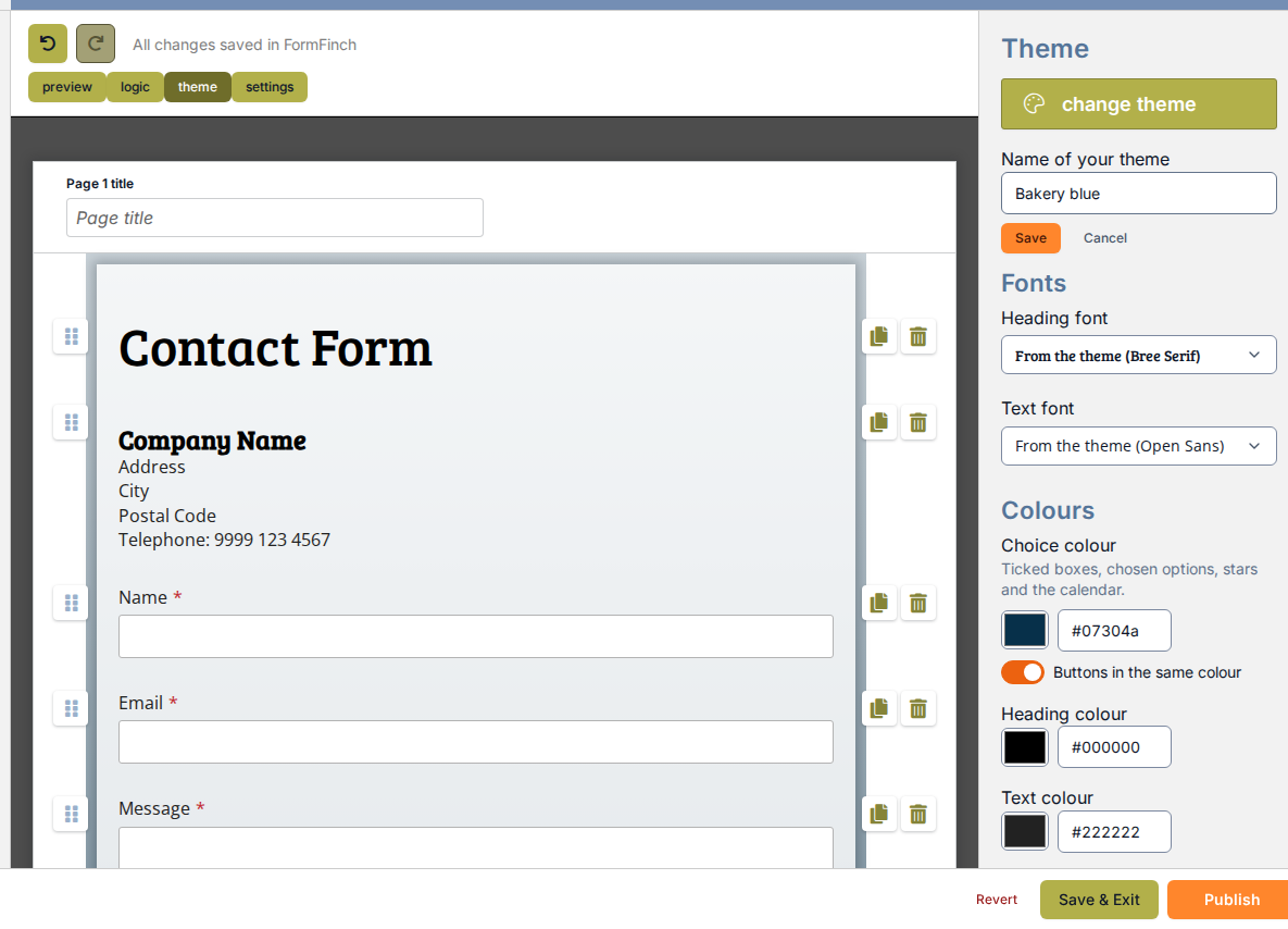 Theme panel with Save as my theme open. Name of your theme is filled in as Bakery blue.