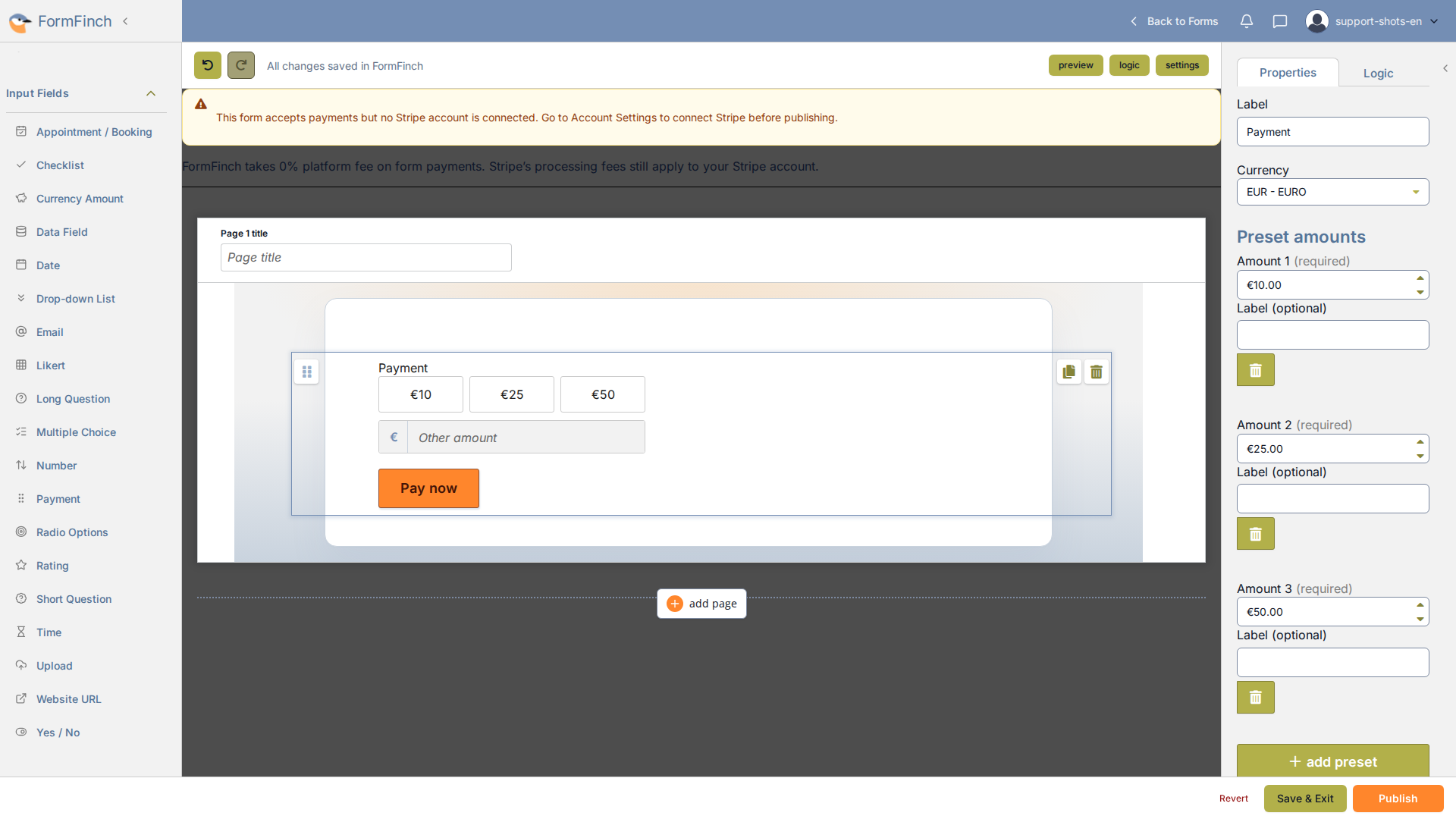 Form designer with the Payment component on the canvas: preset amounts, Other amount, and Pay now, with Payment properties open