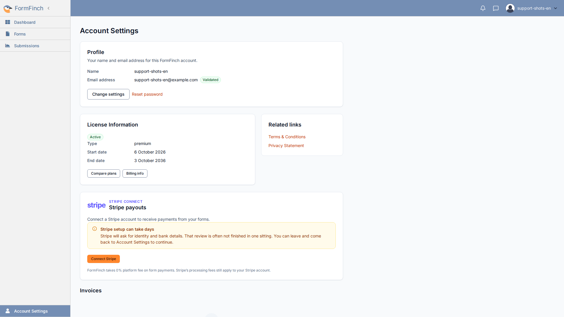 Account Settings Stripe payouts card with Connect Stripe and the 0% platform fee notice