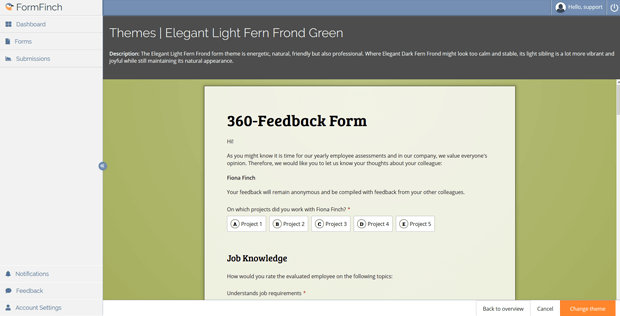 Preview of a form theme with a specific form design