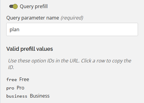 Field properties with the Query prefill toggle, the Query parameter name property, and the Valid prefill values list