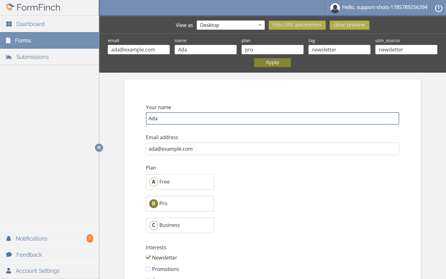 Preview with the URL parameters panel open and a test value filled in