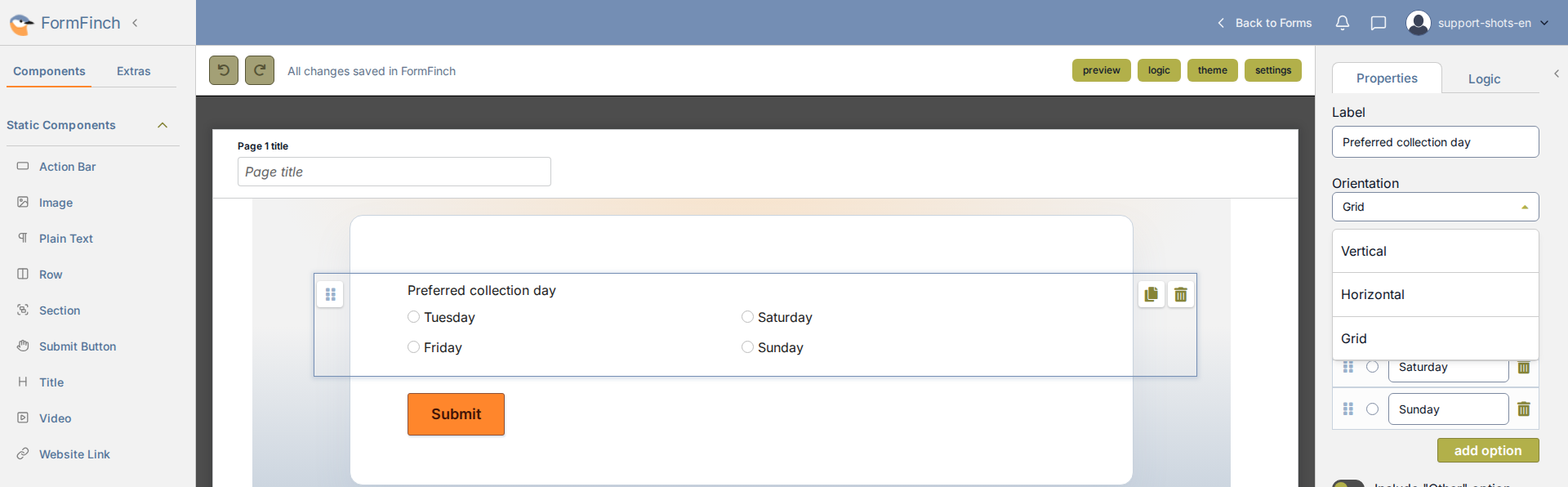 Form designer with Radio Options selected. The Orientation list in the properties panel is open and shows Vertical, Horizontal and Grid.