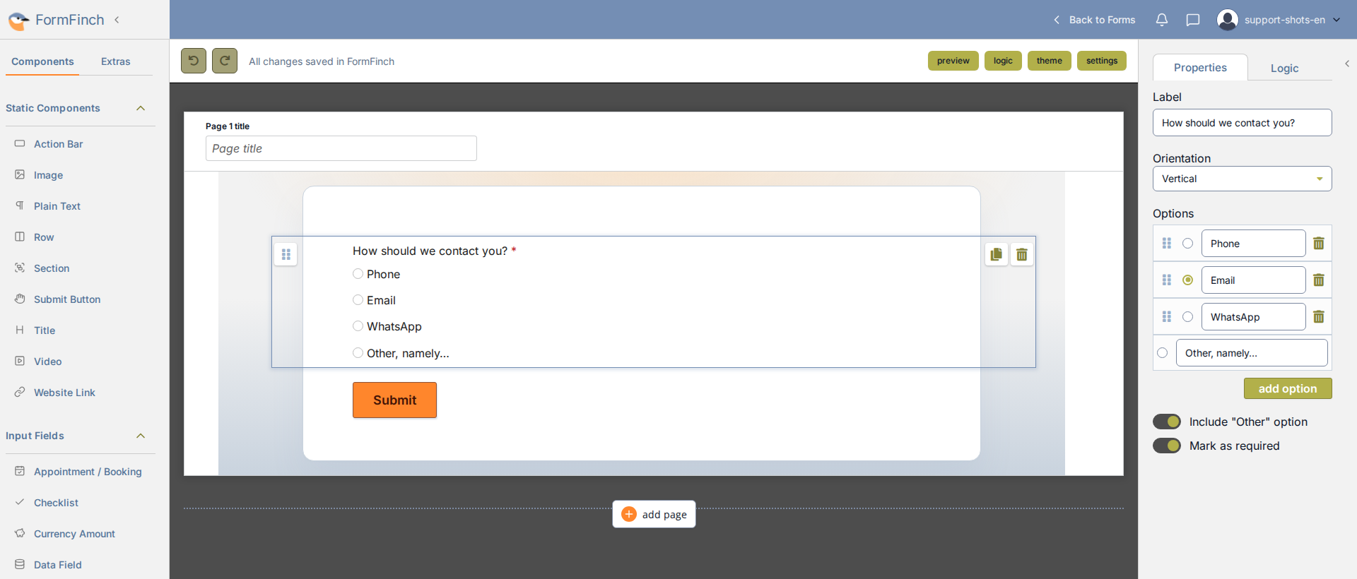 Form designer with Radio Options selected. The canvas shows the question How should we contact you? with four options. The properties panel shows Label, Orientation, Options, Include Other option and Mark as required.