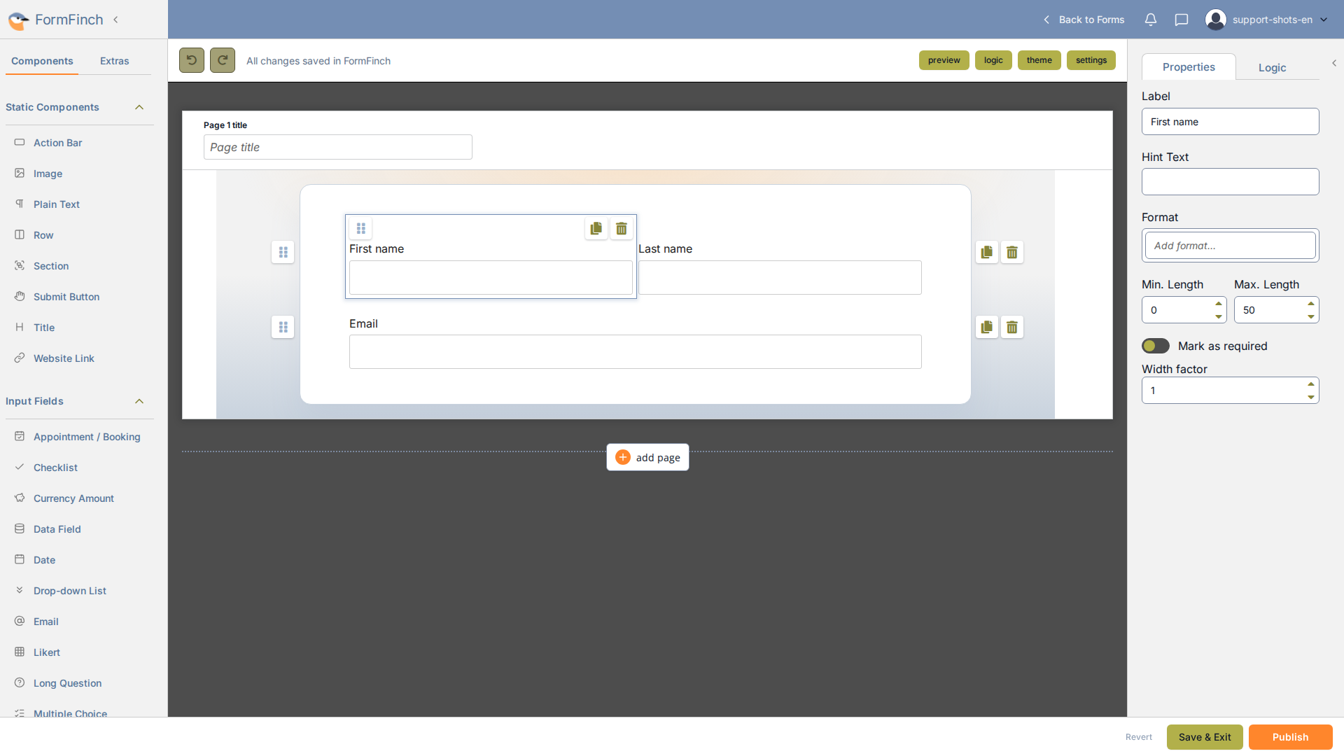 Form designer with a Row of First name and Last name. First name is selected, and Width factor is visible in the properties panel