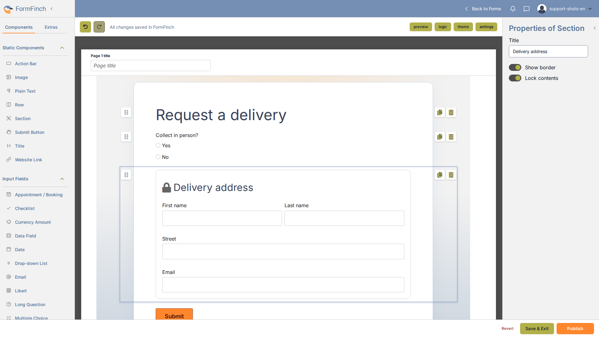 Form designer with a locked Delivery address Section: lock icon beside the title, no copy or delete handles on the fields inside