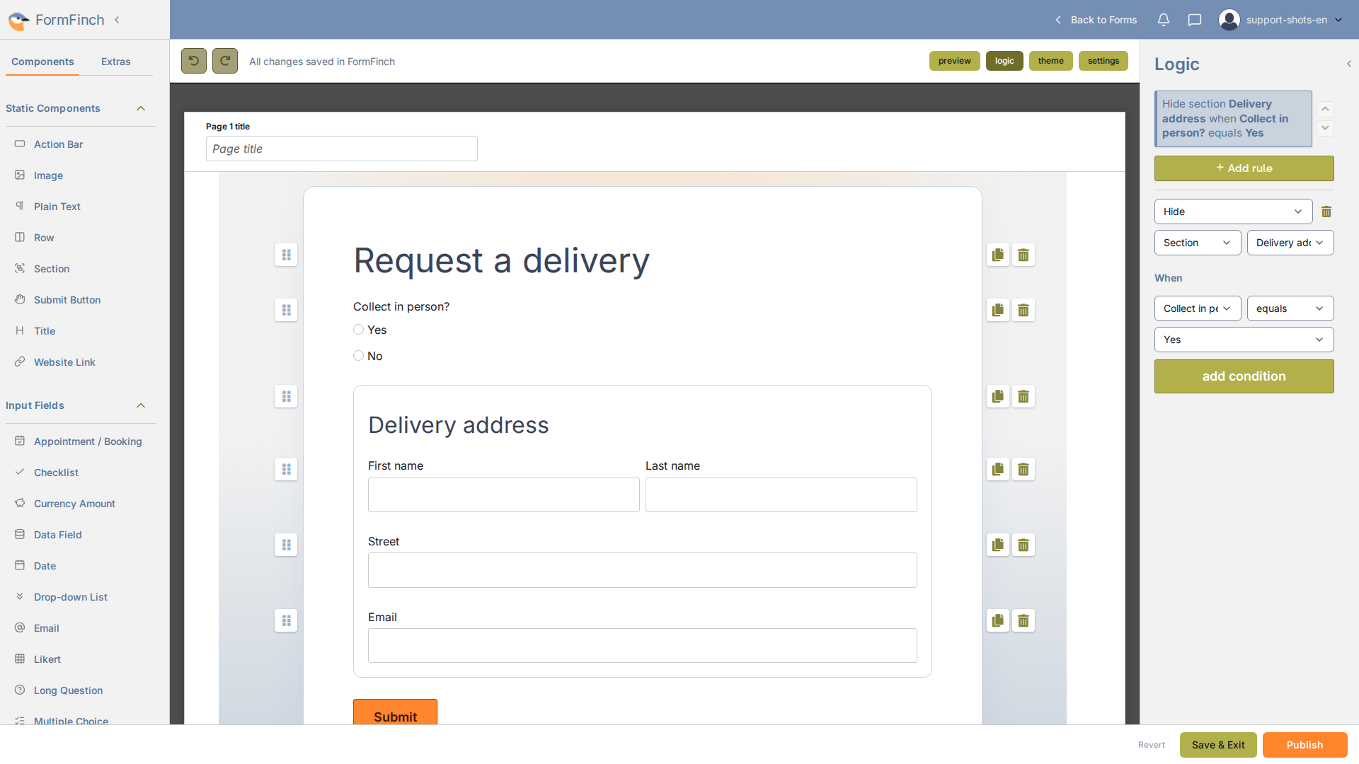 Logic panel with a Show / hide rule targeting the Delivery address Section when Collect in person equals Yes