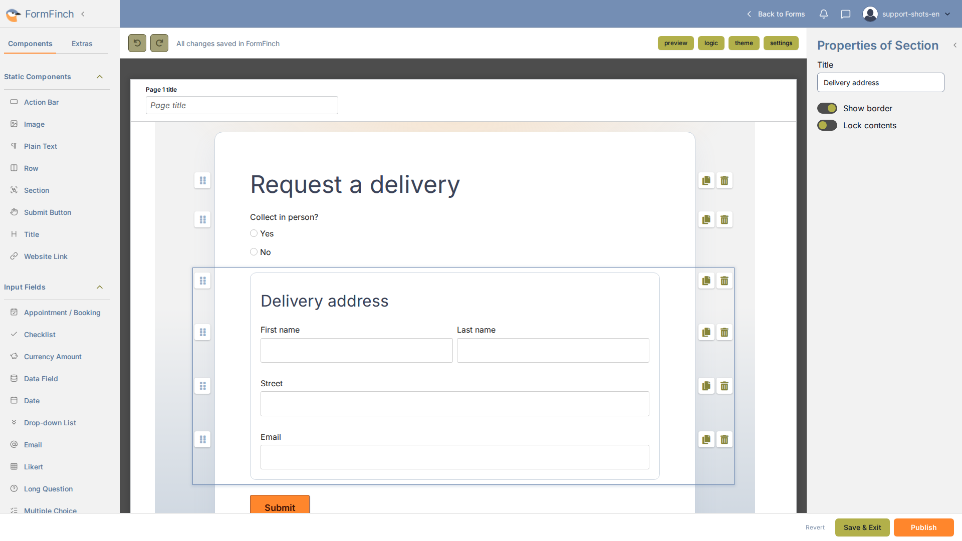 Form designer with a Delivery address Section selected: Title, Show border, and Lock contents in the properties panel, and a Row of fields inside the section
