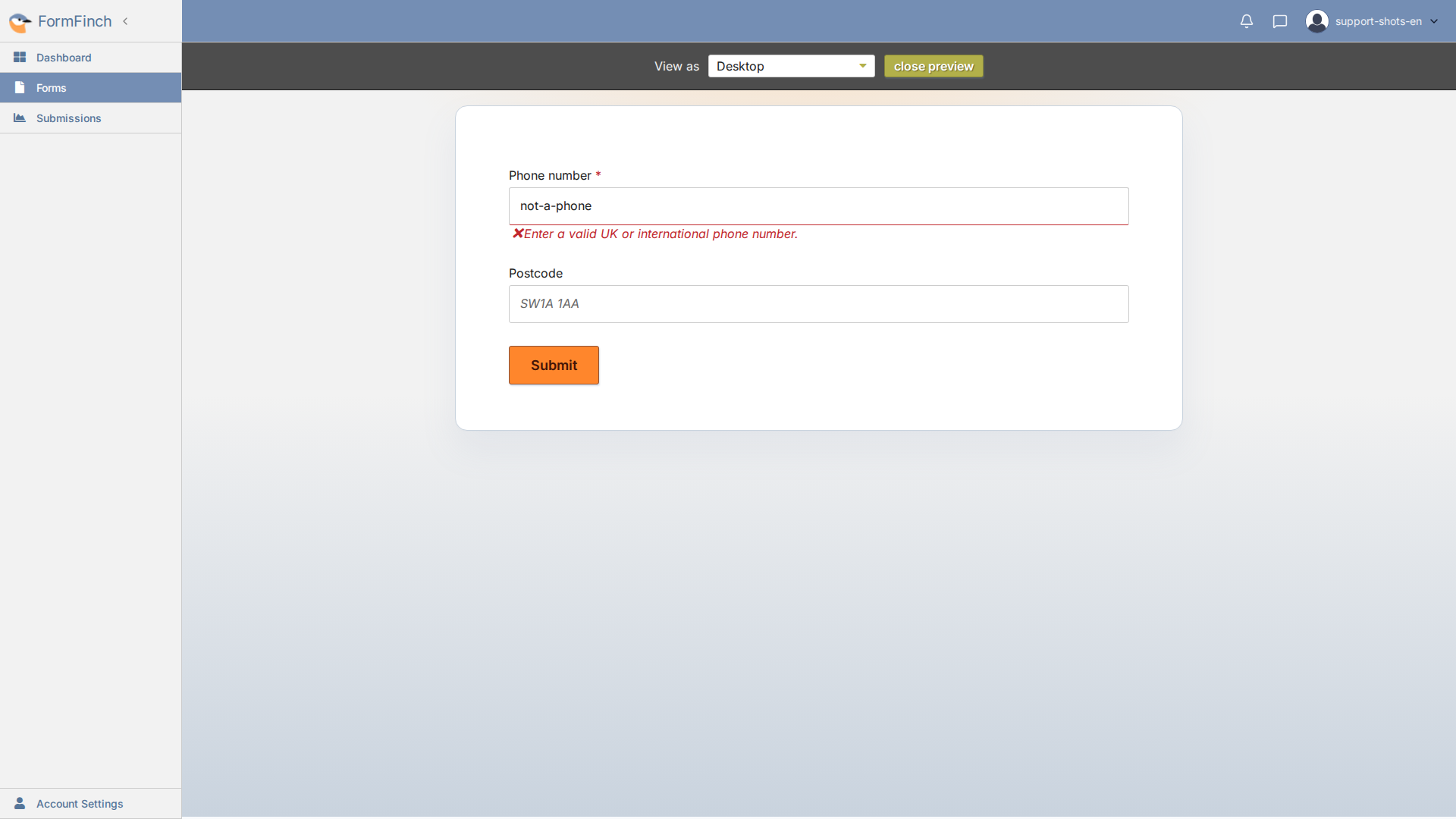 Form preview showing an invalid phone value and the error Enter a valid UK or international phone number