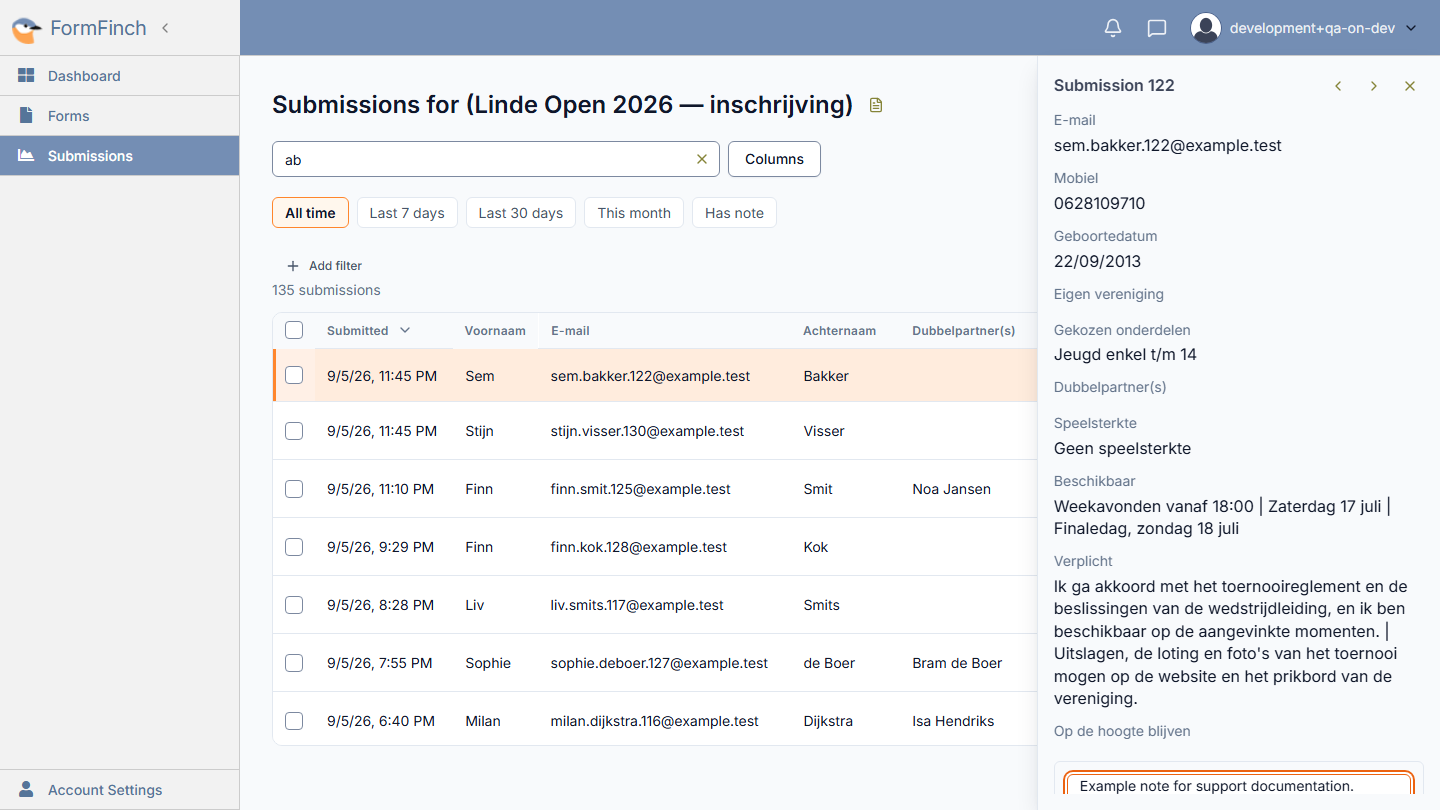 Submission detail drawer showing field answers and the note editor