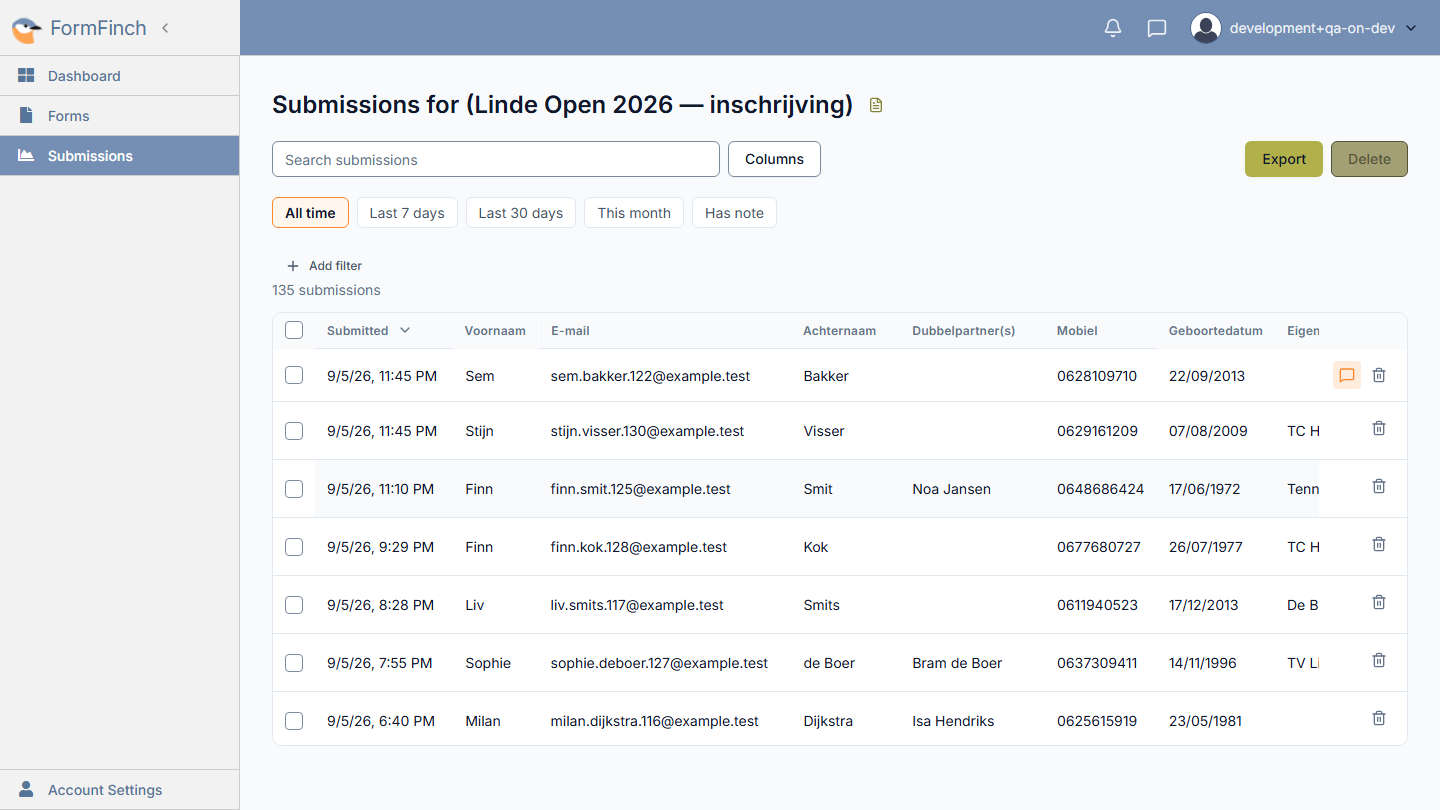 Form submissions grid showing received responses and the New badge