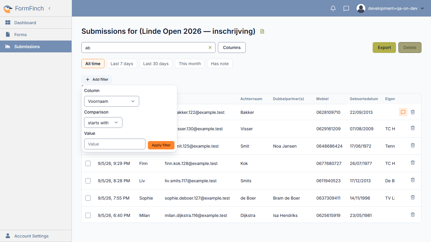 Submissions filter bar showing quick search, date range presets, and active filters