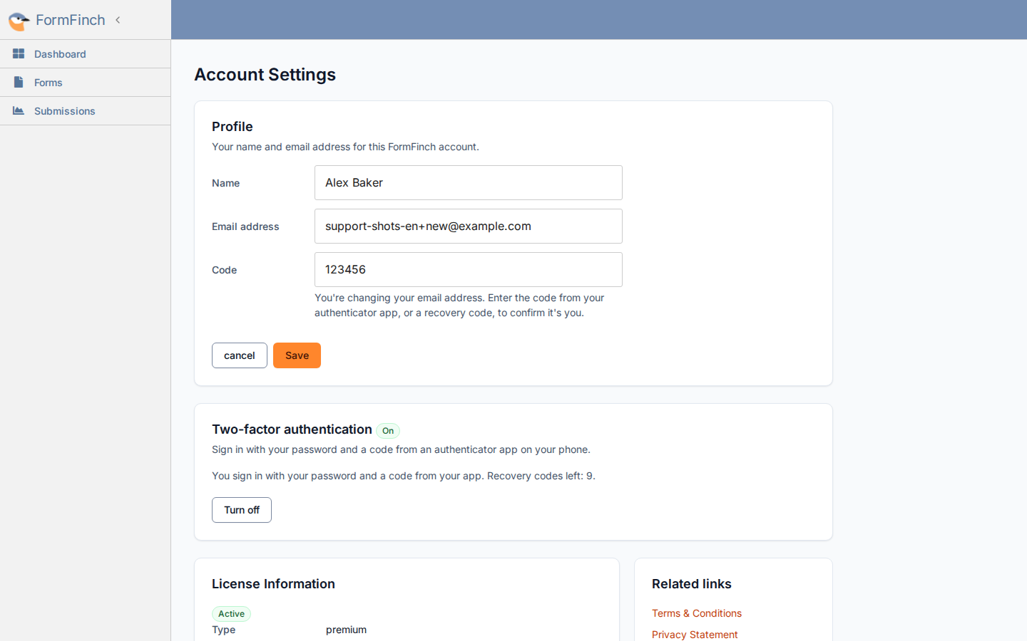 Change settings with a Code field to confirm a new email address