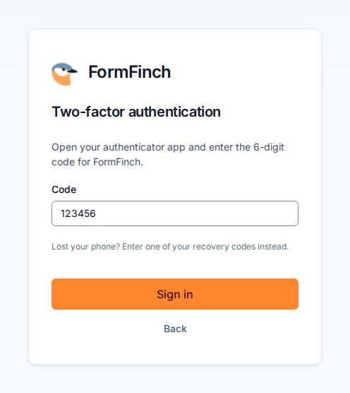 Two-factor authentication page asking for a code, with a hint to use a recovery code