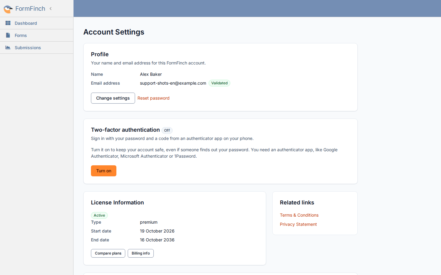 Account Settings with the Two-factor authentication card Off and a Turn on button