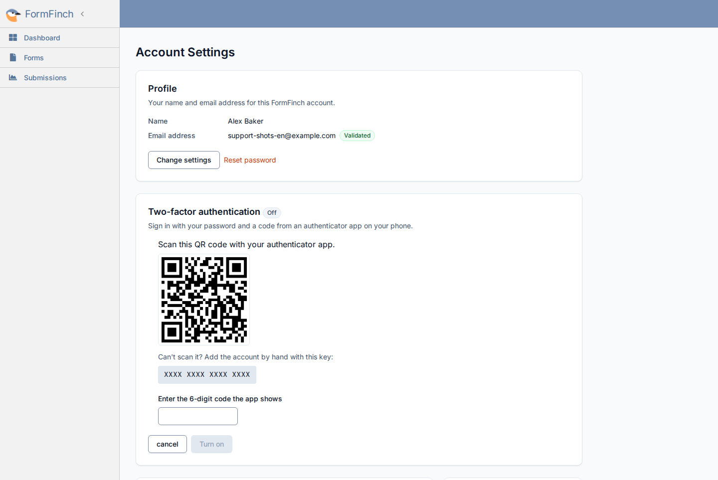Two-factor authentication setup with a QR code, a secret key, and a field for the 6-digit code