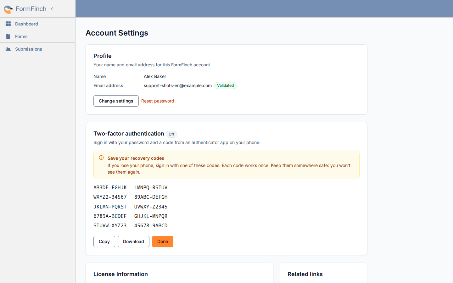 Save your recovery codes, with Copy, Download, and Done