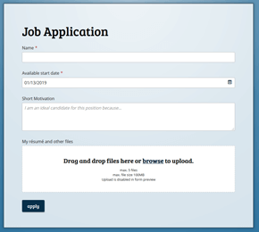 The Job Application form template with résumé upload field