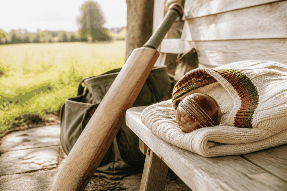 A cricket ball, bat and club jumper by the pavilion