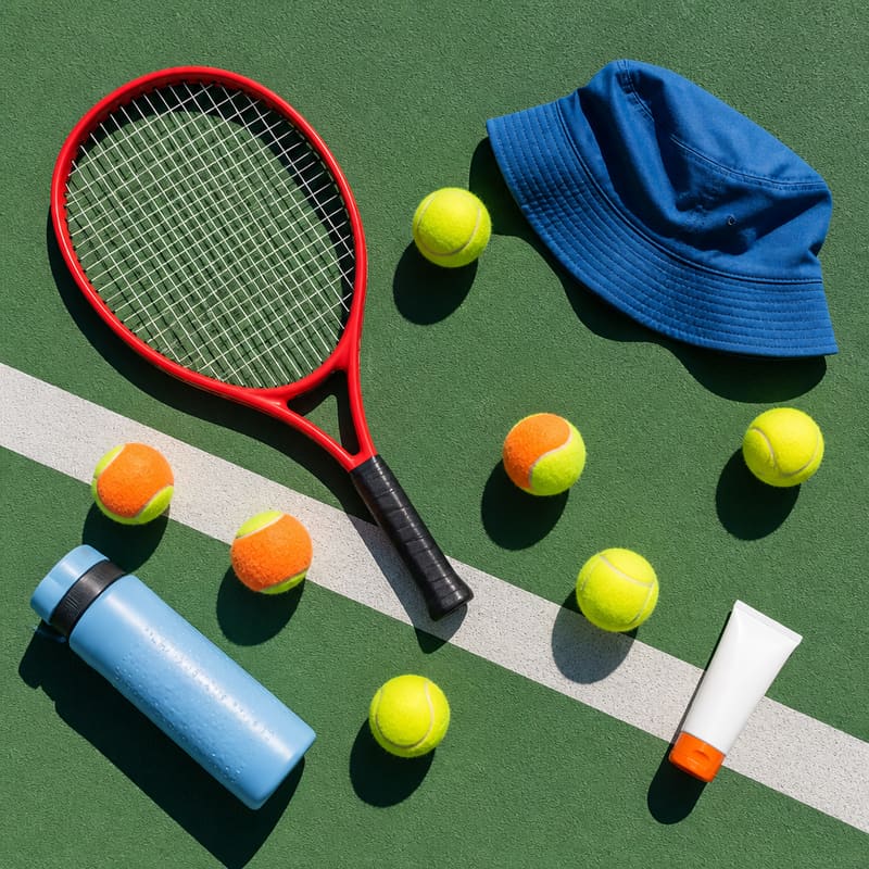A junior racket, balls, sun hat and water bottle on the court
