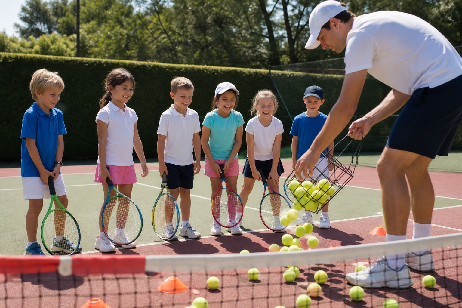 Children lining up with rackets while a coach empties a basket of balls