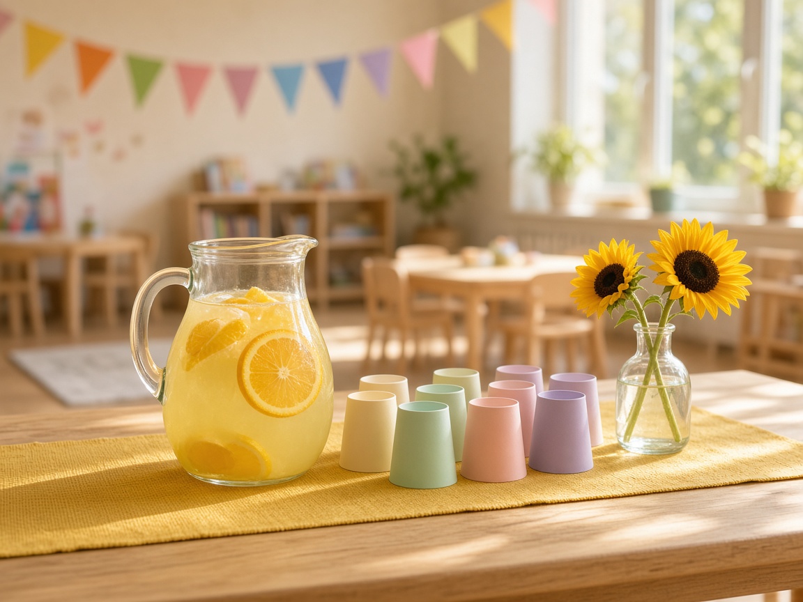Sunny welcome table with a jug of lemonade, cups and sunflowers