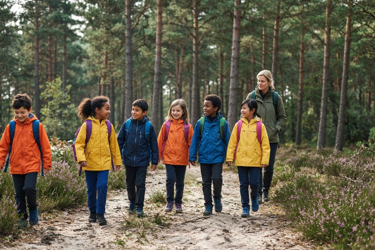 Children with rucksacks walking along a sandy path between pine trees and heather, with their teacher behind them