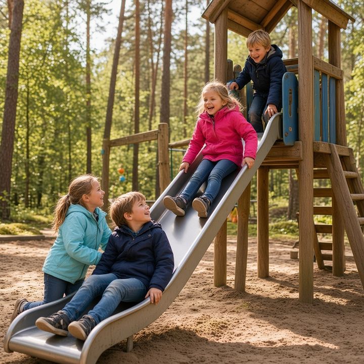 Children laughing on a wooden climbing tower and slide in the forest playground