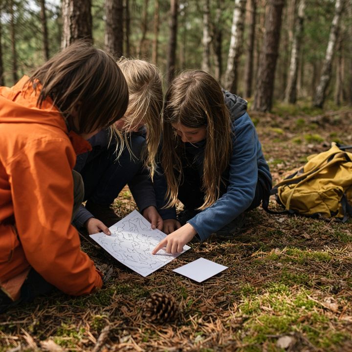 Three children crouch on the forest floor, looking at a map for the next clue