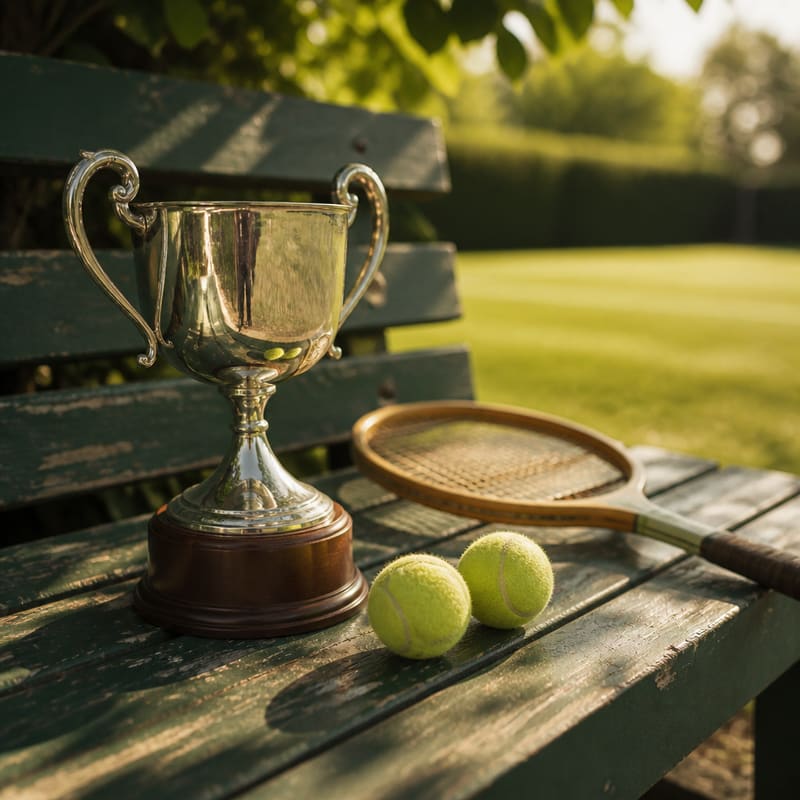 The Ashcombe Cup on a bench beside the grass courts